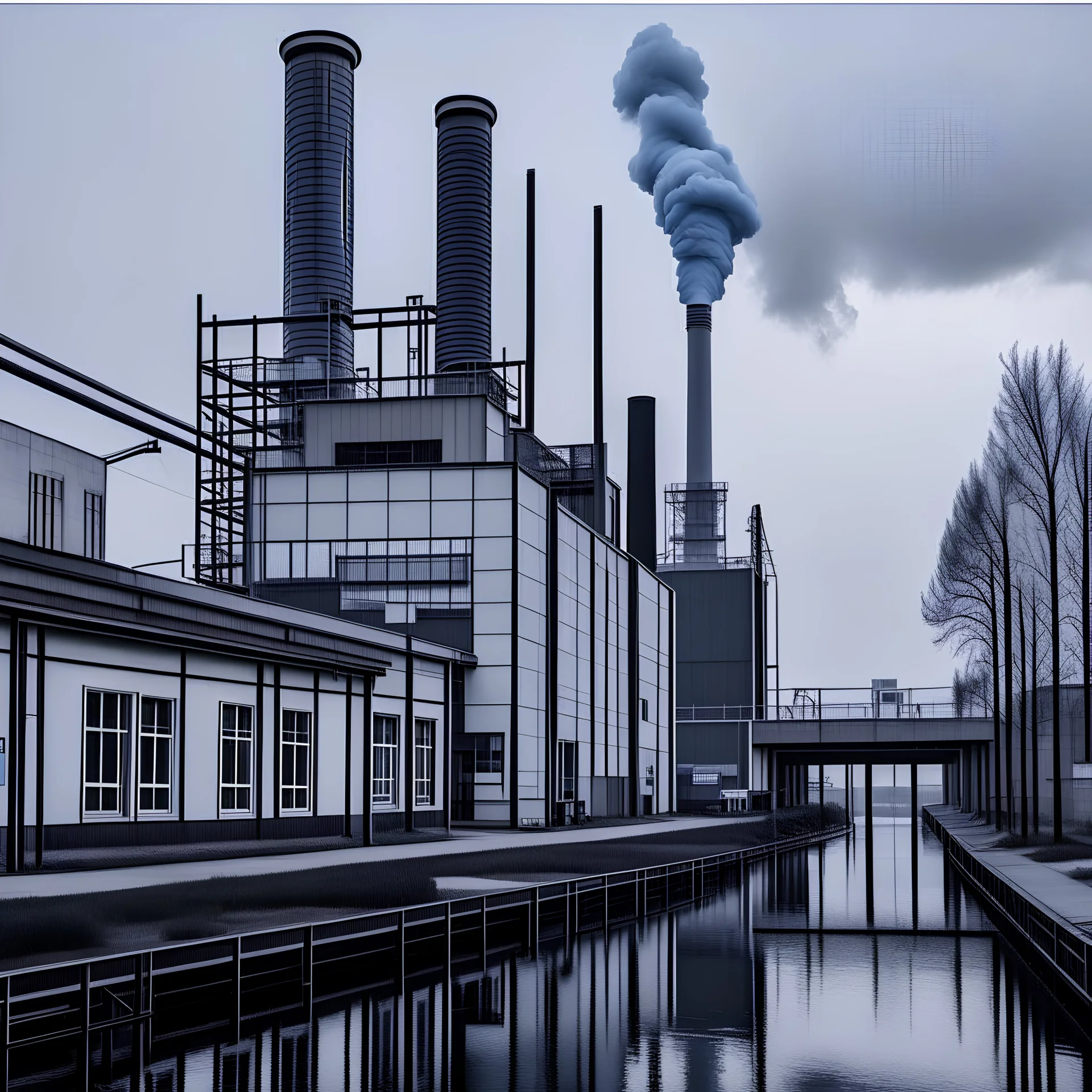 a photograph of a factory polluting the environment from the outside, grey colors