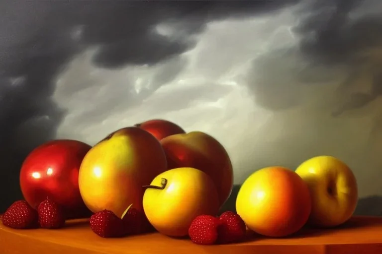 hyperrealistic oil painting, still life, white and oil slick, realistic shaded, perfect shapes, extremely fine details, volumetric lighting, stormy background, 8k ultra realistic, fruits