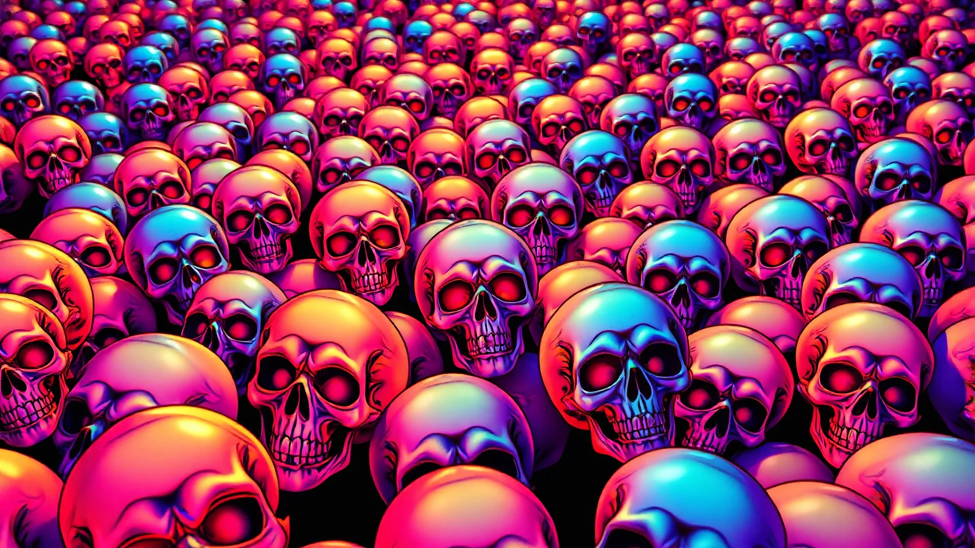 a field of 1000s of cartoonish, anatomically correct, skulls, vivid RANDOM BRIGHT neon colors, dark comedy, well lit, high detail, photorealistic, horrorcore, fun, scary, none featured, each a different color or hue,
