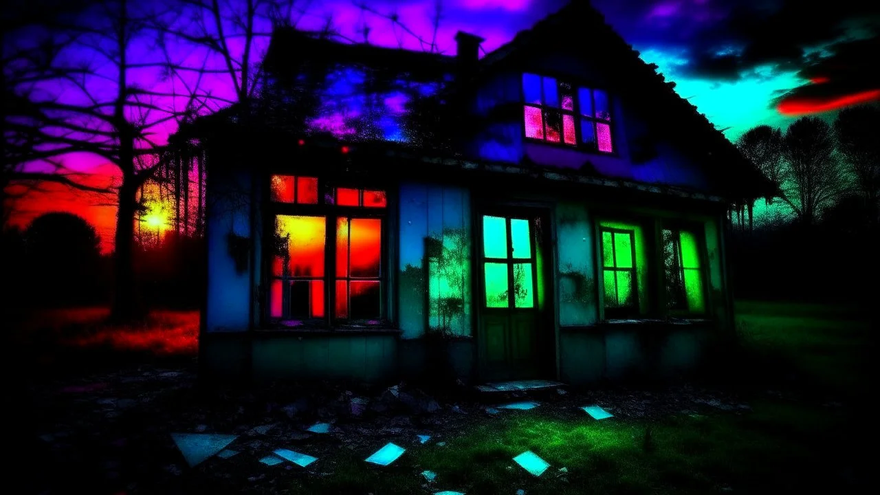 Casa abandonada con los cristales rotos por los que se escapan chorros de líquido de colores vivos en un ambiente oscuro y amanecer