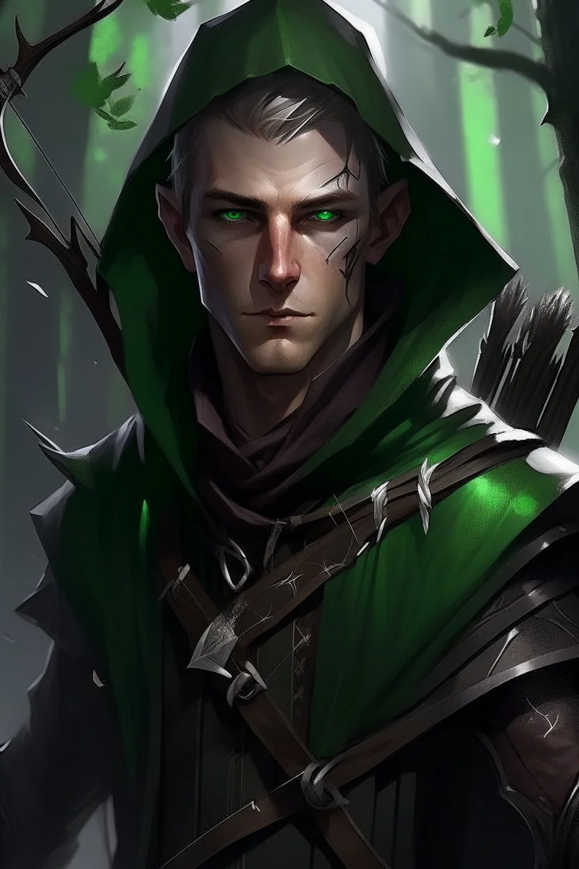 35 year old male dark rogue wood elf, thief assassin, Mauve hair, sparkling green eyes, glowing brown skin, black hood, black leather, messy, disheveled, trees, sneaky, bow and arrows, tall, skinny