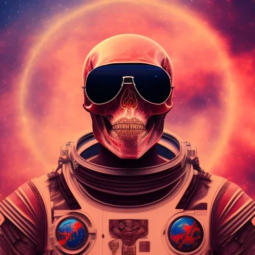 Midjourney style of detailed and intricate skull wearing red sunglasses| wearing cosmonaut suit| portrait and science fiction theme| aurora lighting| nebula and stars| stunning environment| volumetric lighting| vibrant