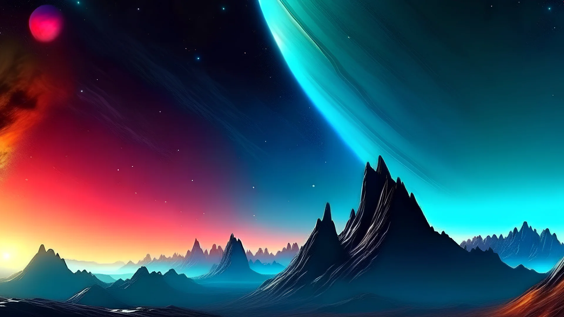 4k picture of the sky with a rocket flying towards a distant planet, stars, sky, vast, colorful, large planet,mountain, wallpaper