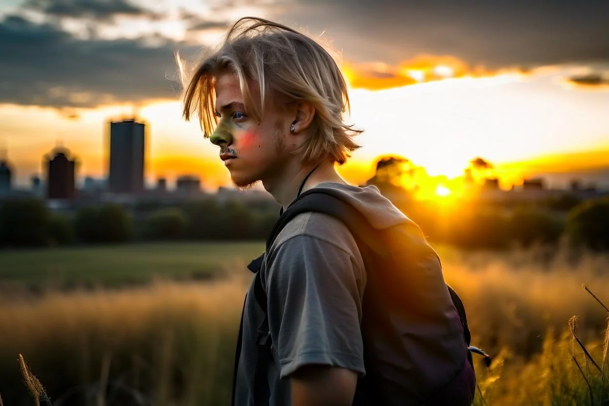 A photo of a fifteen year old boy carrying a backpack over his shoulder, open facial features, standing in a field with a city skyline on the horizon, tangled hair, light blond hair, shirtless, ripped shorts, sunset, tall grass, bright colours, lonely landscape, dynamic photography, high resolution, high quality, highly detailed, full silhouette, 4K, 8K.