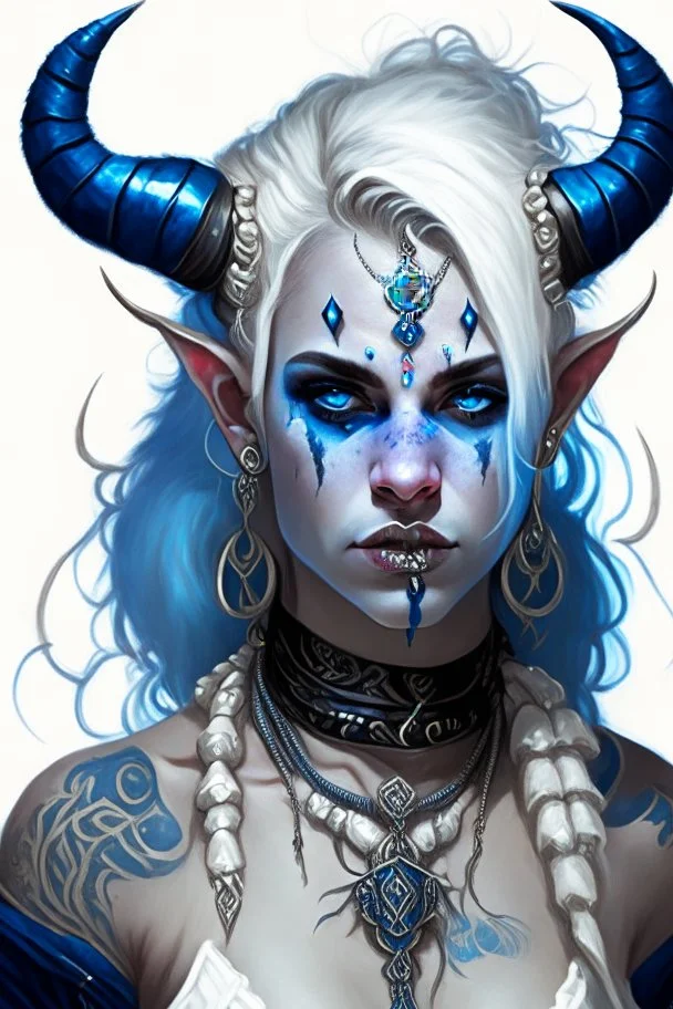 A young tiefling woman with a set of ram horns on her head encrusted with jewels, White-Blonde, medium length hair, black eyes, dressed in white and blue with lots of jewelry, beautiful, tattoos on her neck