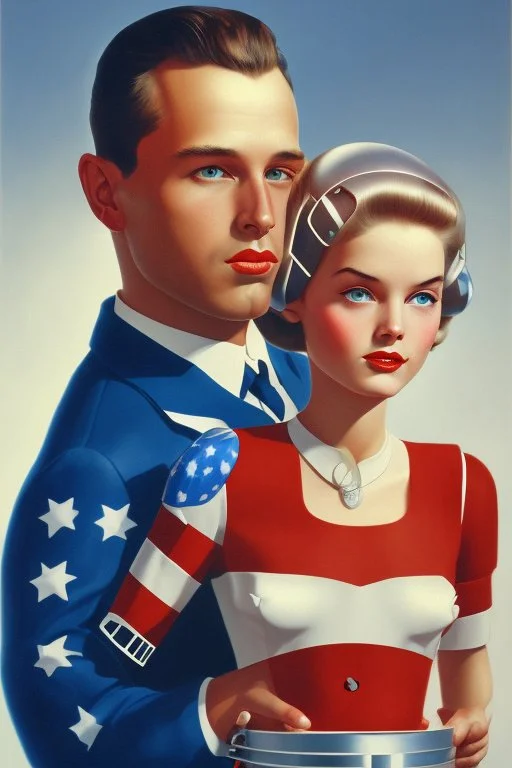 american dream painint man holding a robot girl 1950s