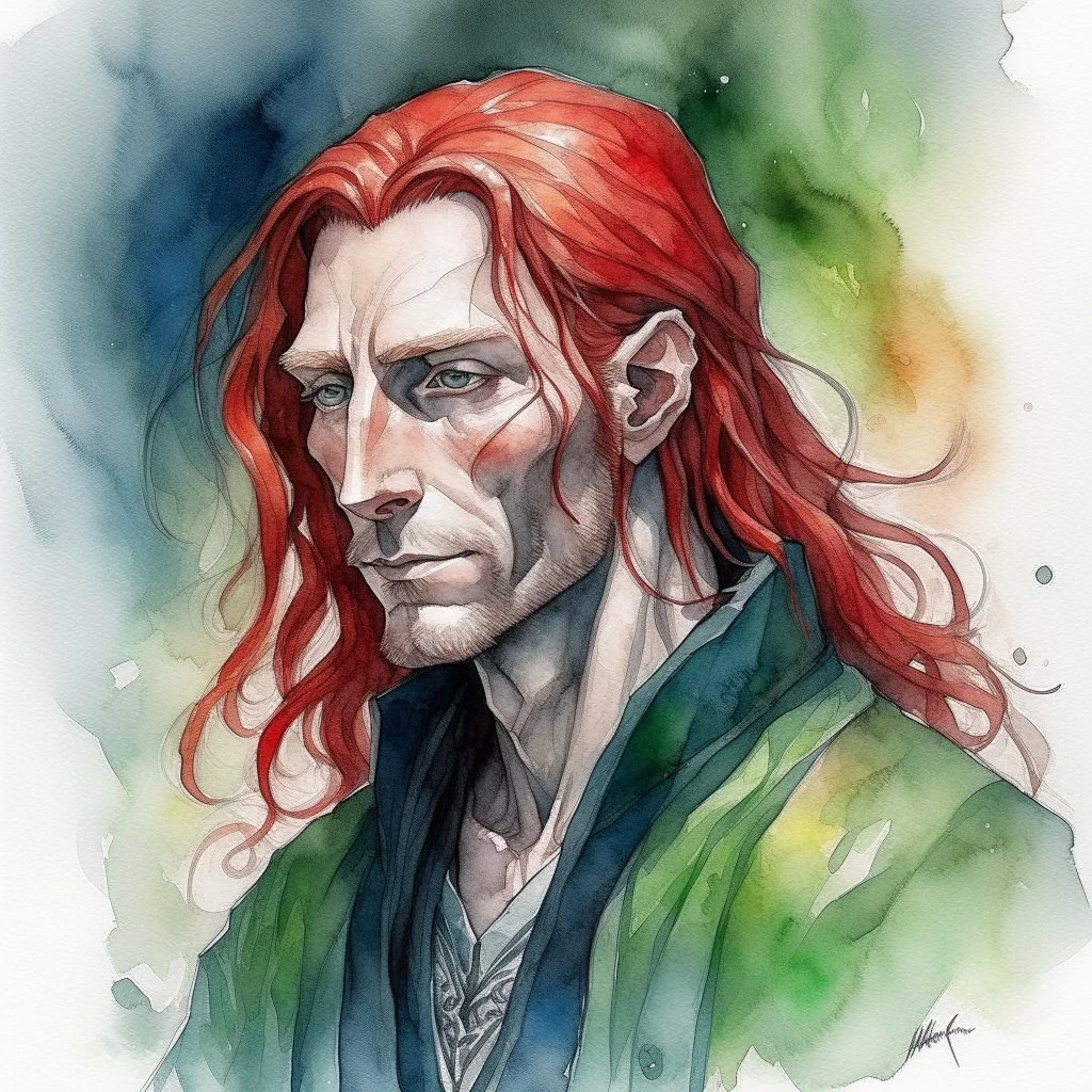 dnd, fantasy, watercolour, large strokes, stylistic, portrait, illustration, dull colours, male, face, narrow long face, weathered face, green eyes, determined, smiling, red hair, very long hair streaming down the shoulders, radiating light, five o'clock shadow, elegant, priest, god's grace