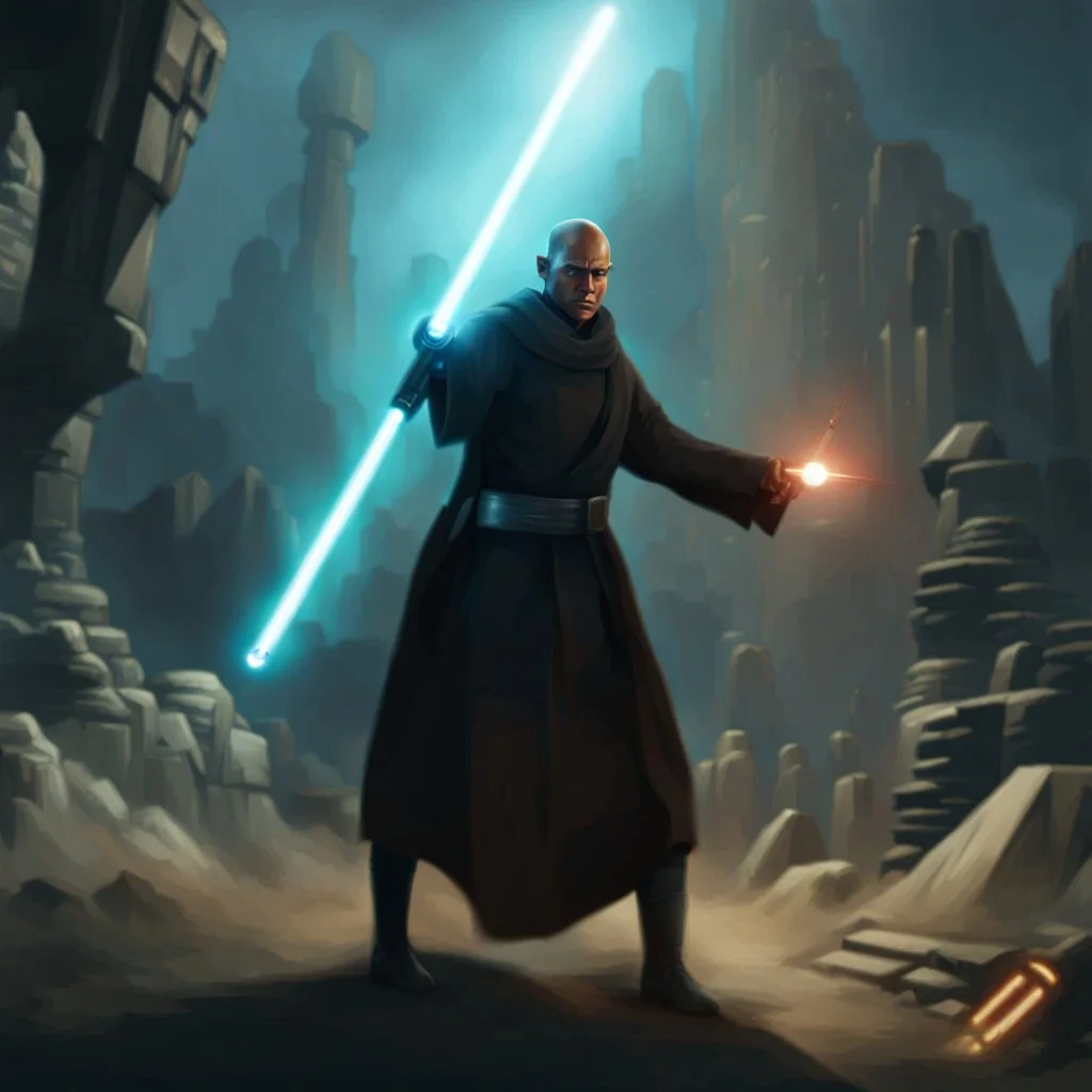 star wars bald male corellian jedi pilot wearing black and gunmetal grey old republic armored robes with gold trim, alone, battle-ready Jedi Master defending a ruined ancient city surrounded by golden light, centered head and shoulders portrait, hyperdetailed, dynamic lighting, hyperdetailed background, 8k resolution, volumetric lighting, light skin, fully symmetric details