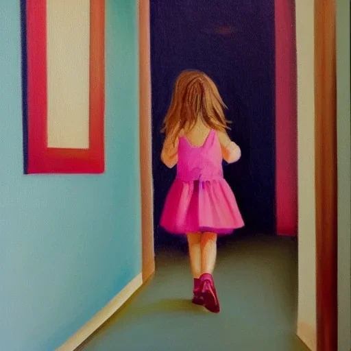 little girl walking in a room painting