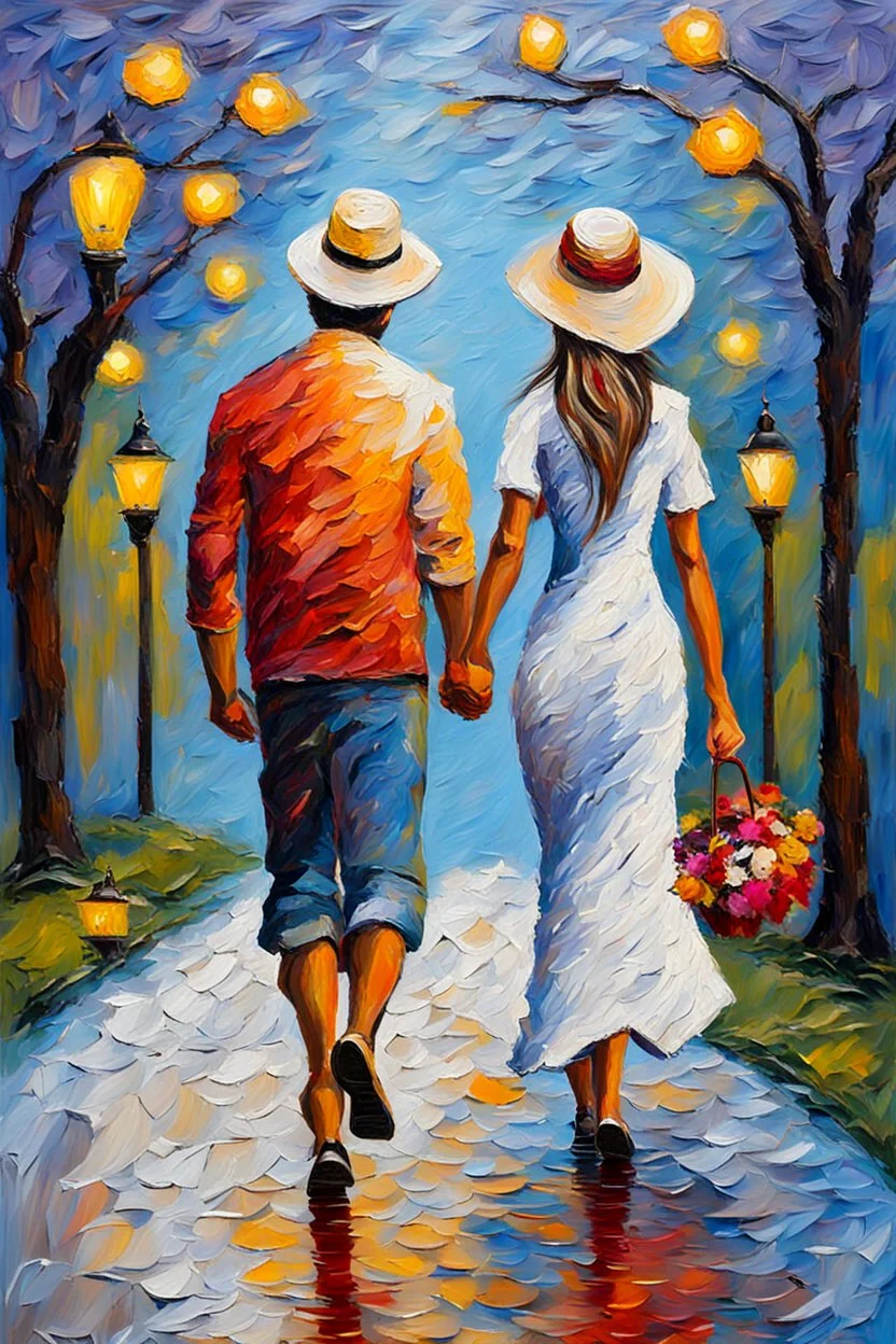 Couple walk on romantic-impressionism expressionist style oil painting,-impressionist impasto acrylic painting, thick layers of silver textured paint,ultra reality,bright colors,8k,thick white paint,silver and white,