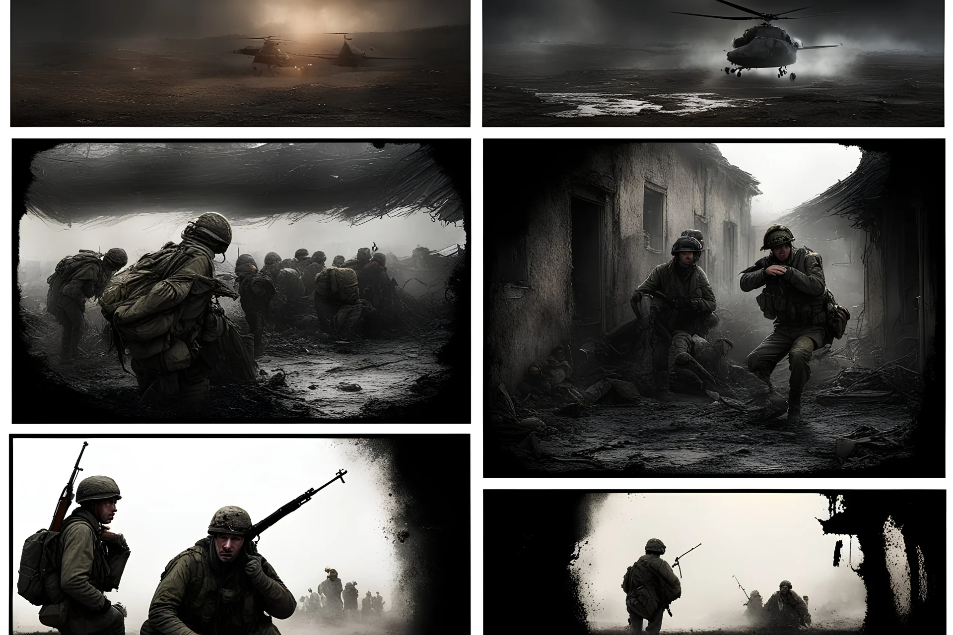Masterpiece1:5)(Fineart), (award-winning:1.5), highest quality, (ultra realism:1.5) war journalism(,(by Tim Page and Hoorst Faas:1.5)),(Eastern Ukraine:(panel one:the moment after a battle ends, horrors of war, wounded men),(2nd panel, cinematic shot of men sitting in trench with 1000 yard stare (focus on their eyes:1.5)),(the third panel shows troops tired but hyper alert), (the fourth panel shows the sky is filled with incessant, fire and smoke everywhere,)