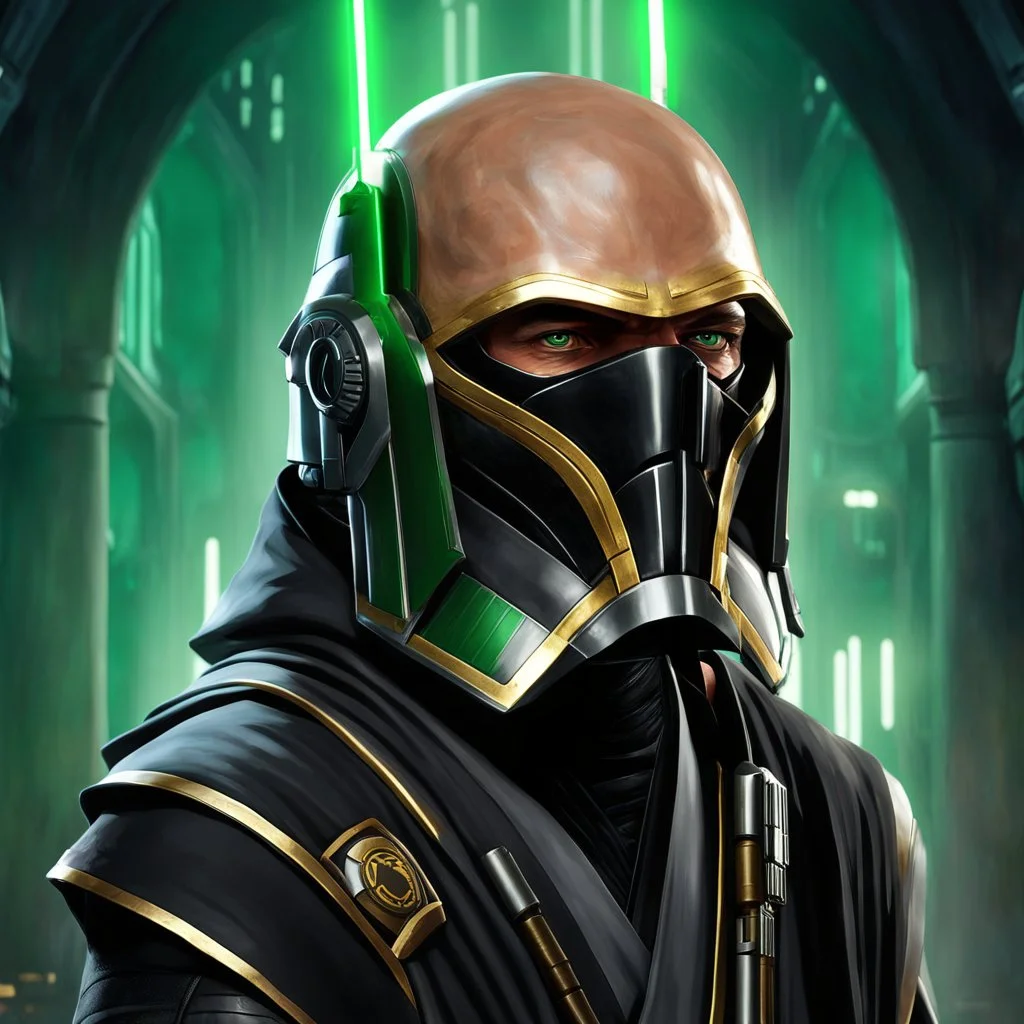 star wars bald male corellian jedi pilot wearing gunmetal grey and black old republic armored robes with gold trim inside the jedi temple holding a lightsaber with viridian green blade in left hand, centered head and shoulders portrait, hyperdetailed, dynamic lighting, hyperdetailed background, 8k resolution, volumetric lighting, light skin, fully symmetric details