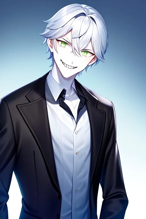 plauge doctor in balck leather coat and suit with silver hair, pale skin and bright green eyes smiling with sharp teeth, nice young face, male, viscious smile, face close look