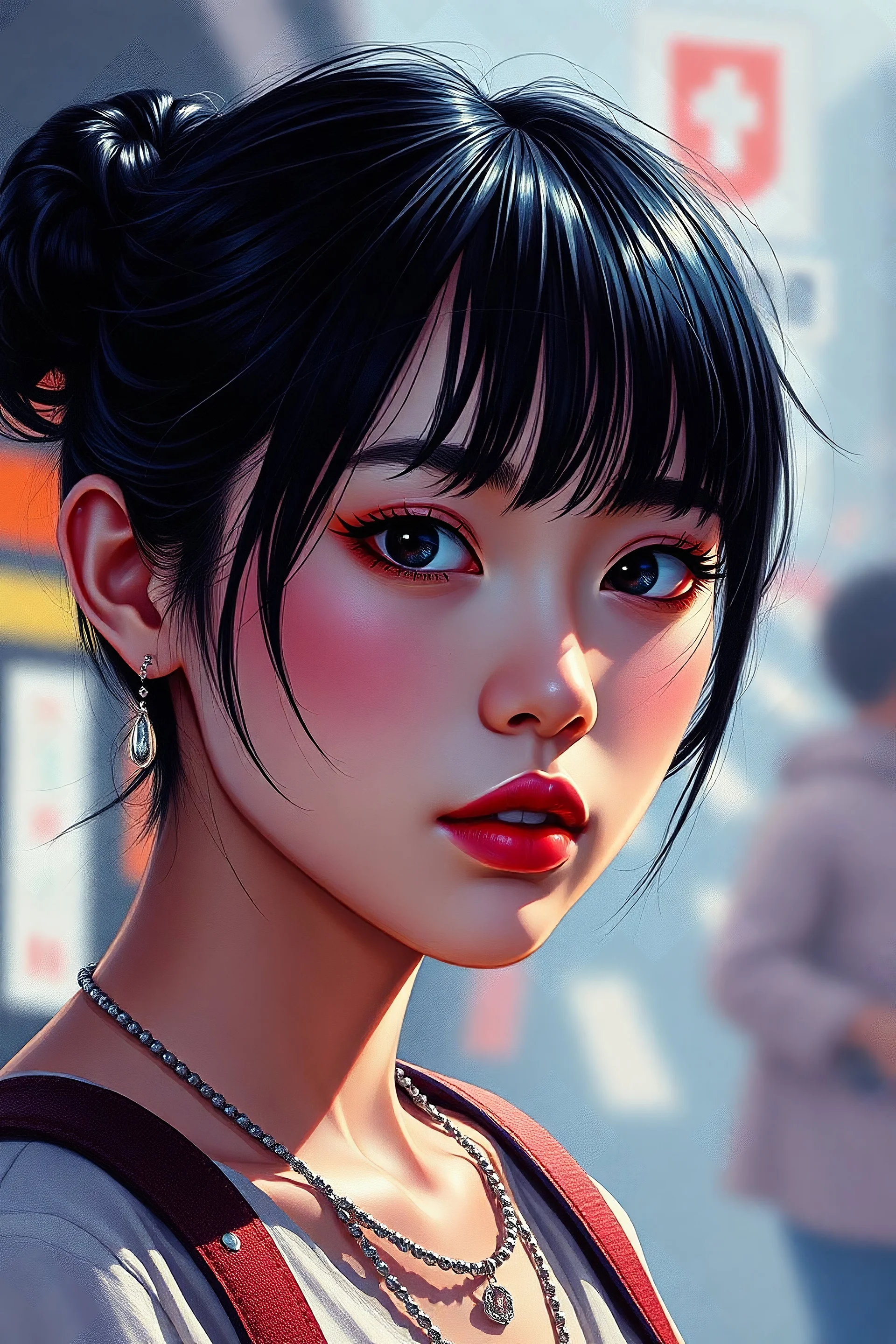 Fine Art Portrait by Ilya Kuvshinov, Pointillism, Detailed Character Illustrations, pattern-based painting, depictions of urban life, richly detailed genre paintings, Trending on artstation, Trending on MidJourney, Award Winning, Timeless art work, Masterpiece, Genius, Worldclass, Extra ordinary, Aesthetic, Beautiful, Stunning, Brilliant, cinematic, Dynamic, Cinematic lighting, inspirational, 4K resolution, 8K resolution, Artstation HD, Artstation HQ, Vivid, Vibrant, Ultra detailed, Octane rende