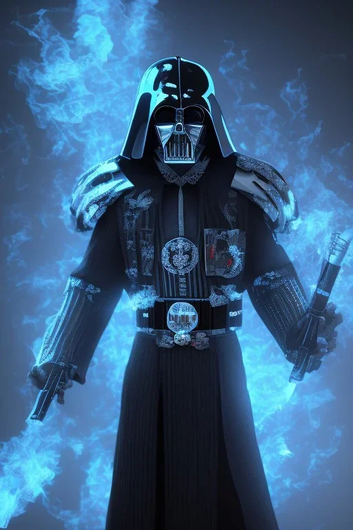 Darkvader outfit, black mask, rage, sorrow, high definition, ultra 8 k, volumetric lighting, blue fire, fog