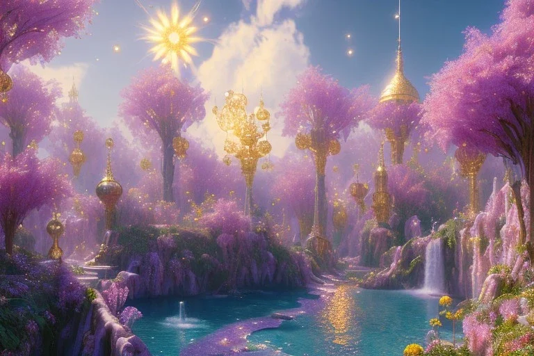 gold and light delicate violet fuchsia crystal galactique landscape, full of details, smooth, bright sunshine，soft light atmosphere, light effect，vaporwave colorful, concept art, smooth, extremely sharp detail, finely tuned detail, ultra high definition, 8 k, unreal engine 5, ultra sharp focus