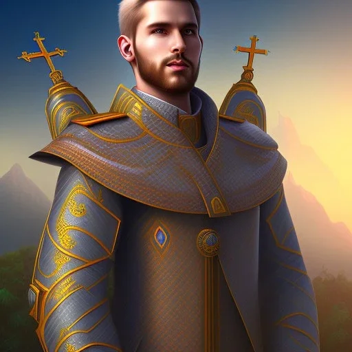 A handsome npc standing in front of a church, futuristic design, a paradise in background, close-up face