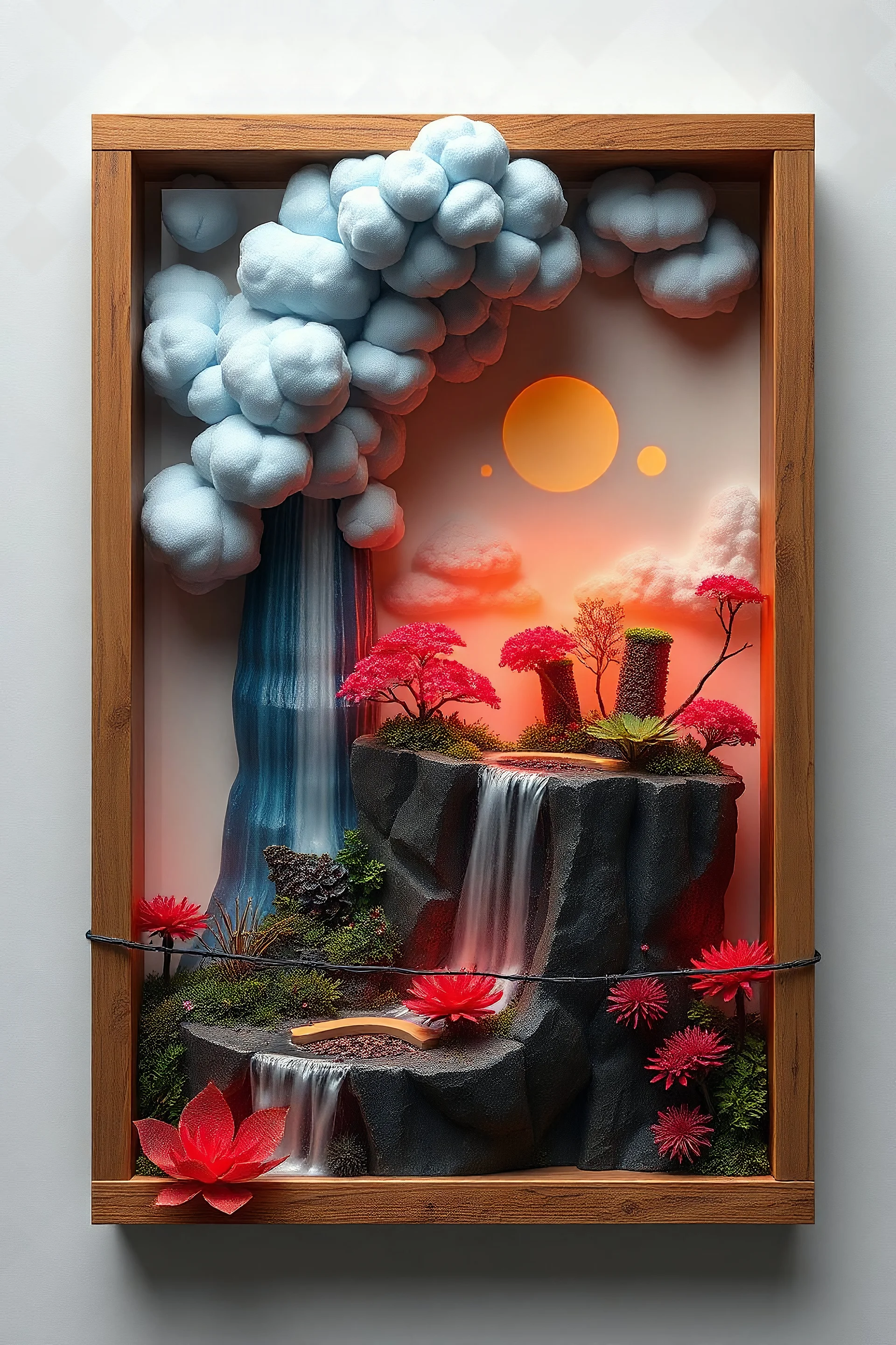 rendering effect realistic with waterfall fibonacci effect featuring a waterfall with spiral cotton clouds of blue red and yellow colors circling a vintage waterfall towering over a cliff, carnivorous plants and seven glass panels of triangular petagons and embroidered soft squares, the open part of which intricately reveals diorama landscape of a glass pallets with various pallet shapes entangled in barbed wire with bright neon glowing colors, glass walls instead of music with the addition