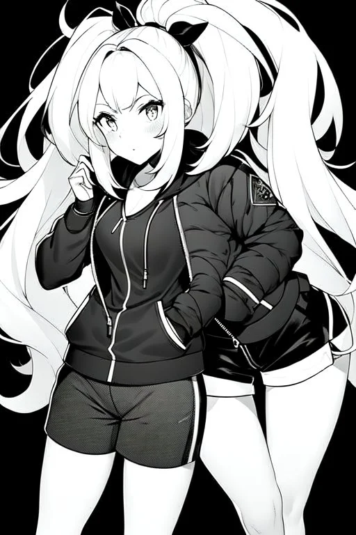 blonde girl with ponytails dressed in a jacket and shorts makes its way in the dark, greyscale