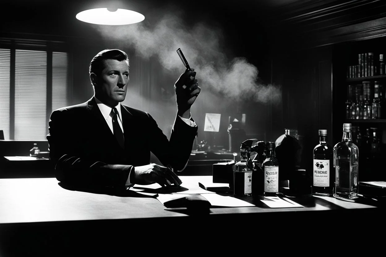 Mickey Spillane’s Mike Hammer in the shadows of his detective office, he is a silhouette, a bottle of whiskey and a glass on the desk, a cigare fumes in his hand extended to the glass. She silhouette could be a man or a woman