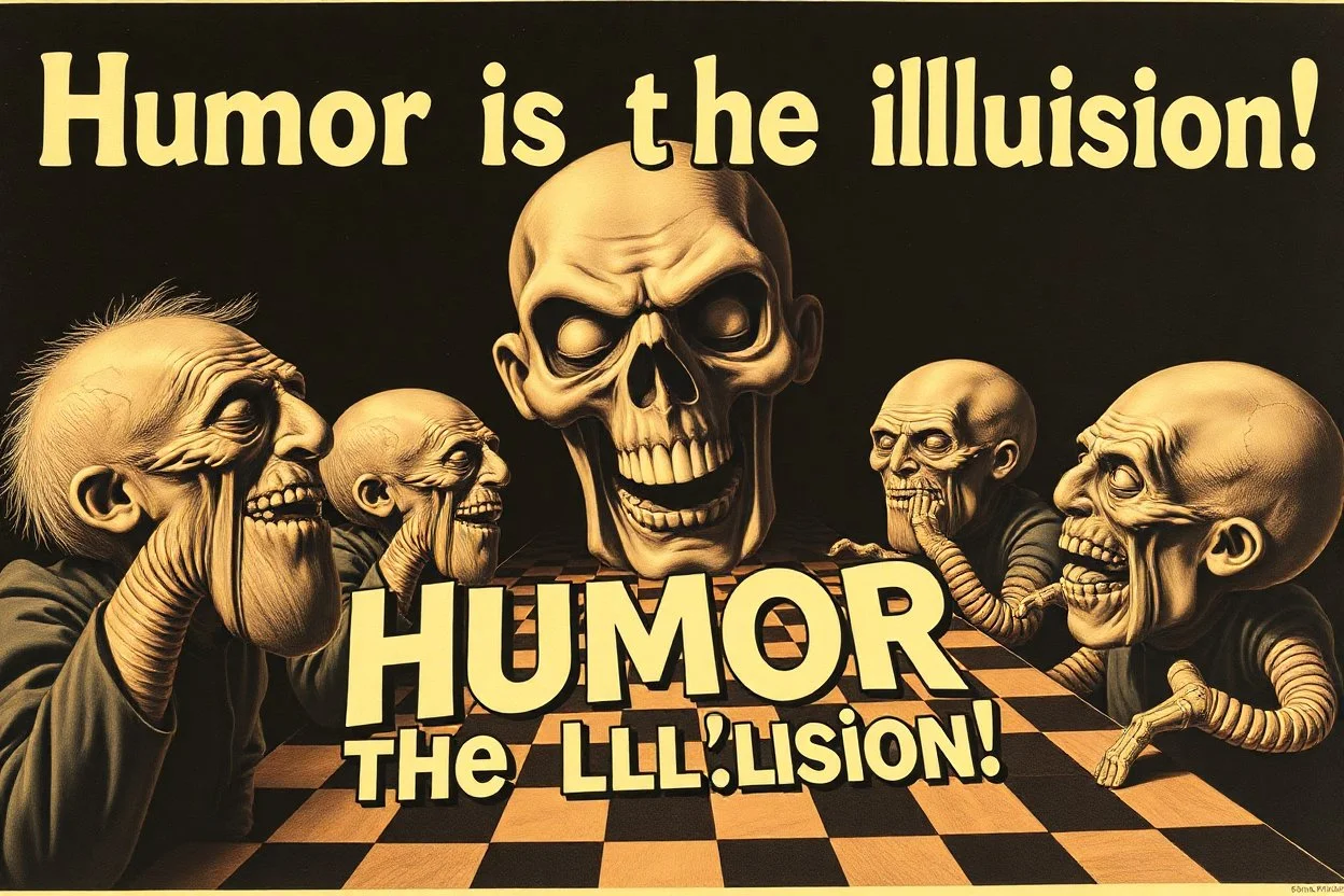 "Humor is the illusion!" propaganda poster in the style of Rembrandt, Escher and Giger
