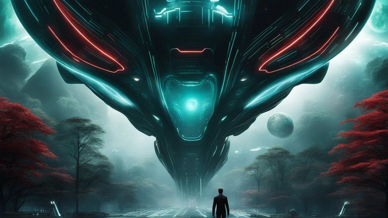 hyper realistic, tron legacy movie, space ships of the future, city of the future, green nad dark red trees , forest, space, planets, god status creations of the universe, face of an alien