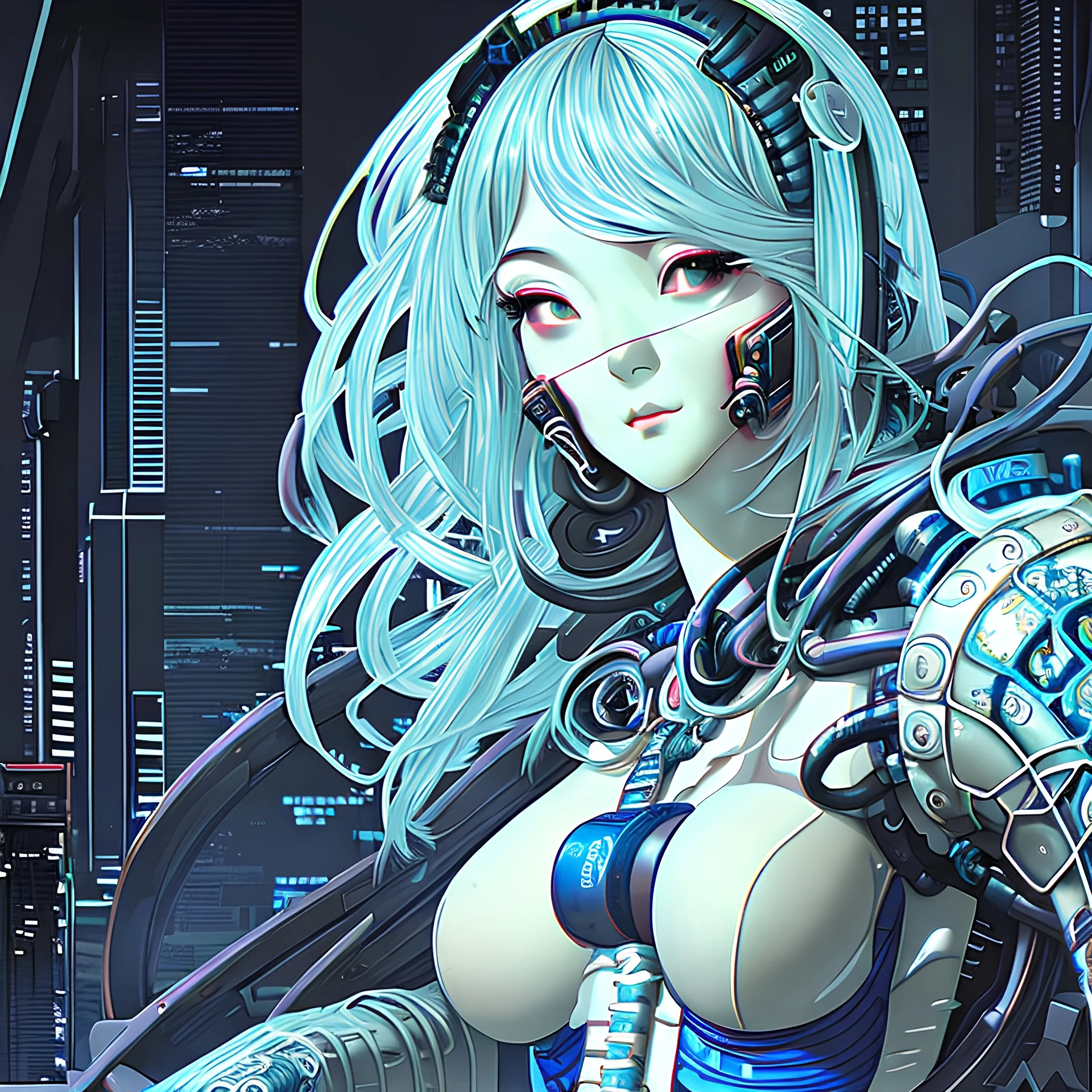 beautiful cyberpunk huge girl, hyperdetailed, illustration by Katsushika Hokusai, darkblue tones,