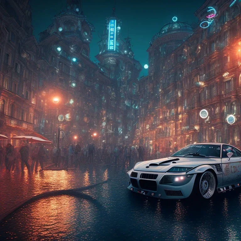 schwimmbad in piazza pebliscito, 8k, extremly detailled, cyberpunk, night, shining,