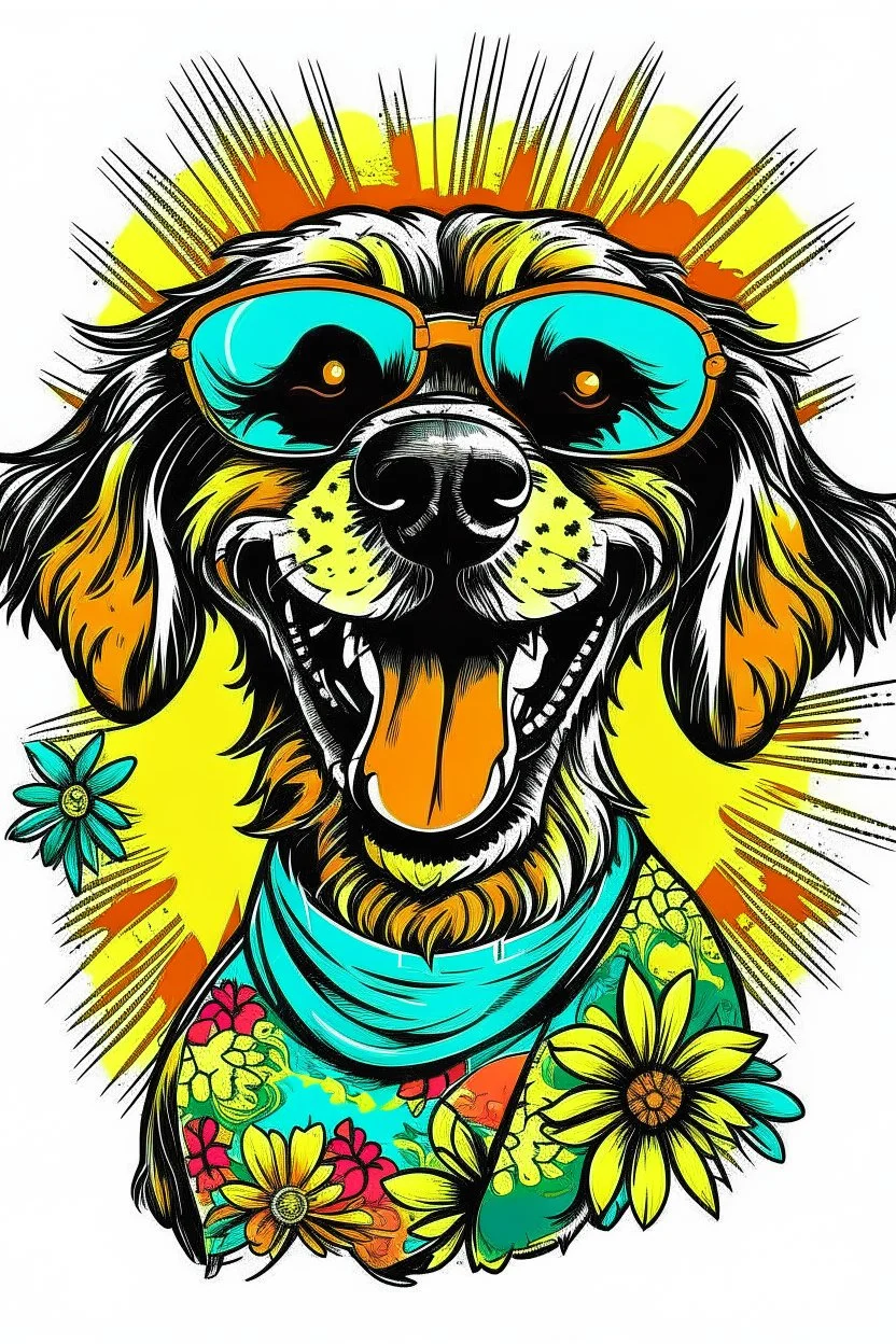 A groovy DOG with a wide, toothy grin, rocking sunglasses and a flowered shirt. Style: Pop Art, Mood: Fun and Funky, Lighting: Bright sunlight, T-shirt design graphic, vector, contour, white background.