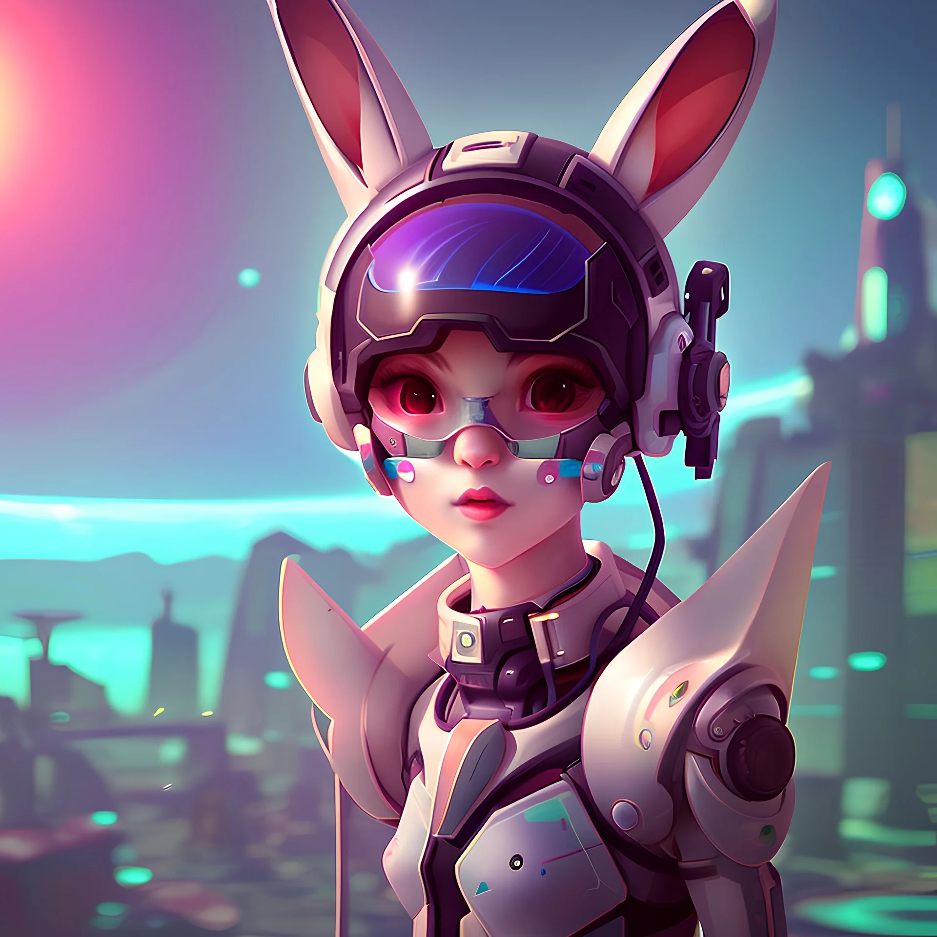 a solar punk cute avatar in a futuristic world. Rabbit japanese kawaii style.