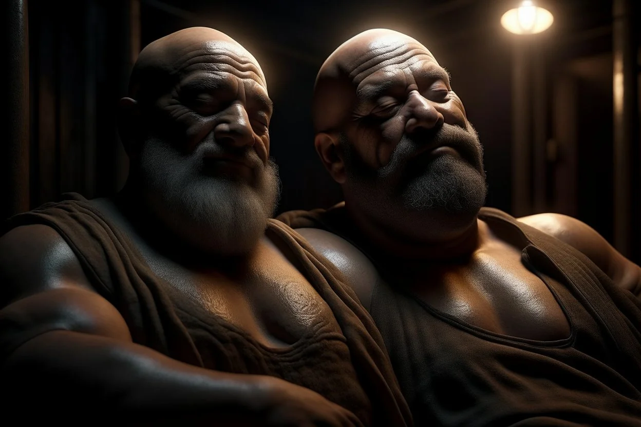 half body shot photography, two muscular chubby ugly burly marocan men , bulge, masculine hairy 54 year old man, bald, currly beard ,big shoulders, big arms, big legs, bulge,, ambient occlusion , lying down sleeping in a steamy Sauna, super high resolution, 8k, dim light, side light, ultra hyper realistic, frontal view