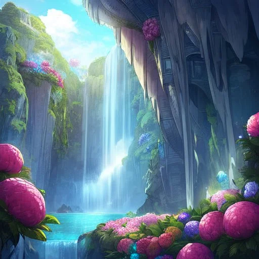 A waterfall with peonies and stones all around not only bright to remove