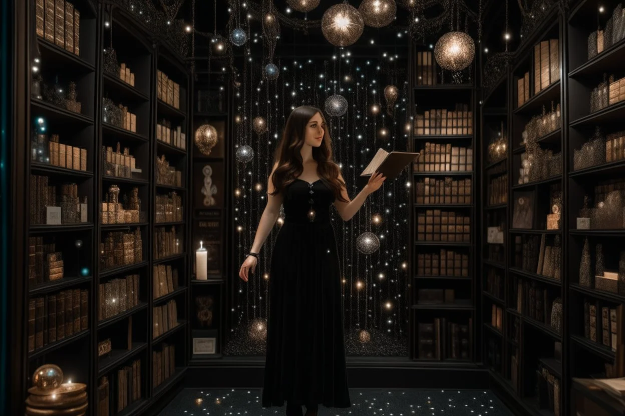 full-height shot of a woman in a tight black dress, holding up small glowing symbols, inside a magic book shop