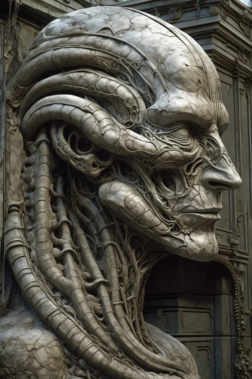 sculpture of a man and a snake , Multiple faces . decayed and rotting with grotesque proportions and imagery. abstract grotesqueries, detailed texture, surreal horror, biomechanical design, by hr giger and beksinski