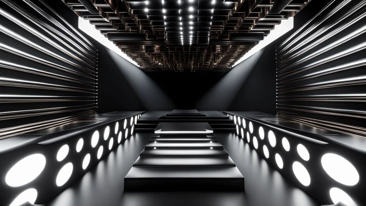 a 3d fractal stage structre made of metallic color 3d structures, pertty artistc background,dynamic lights