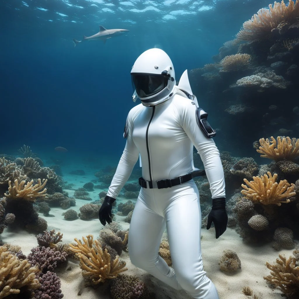 white shark: Blonde, black latex hazmat suit, clear helmet, underwater reef