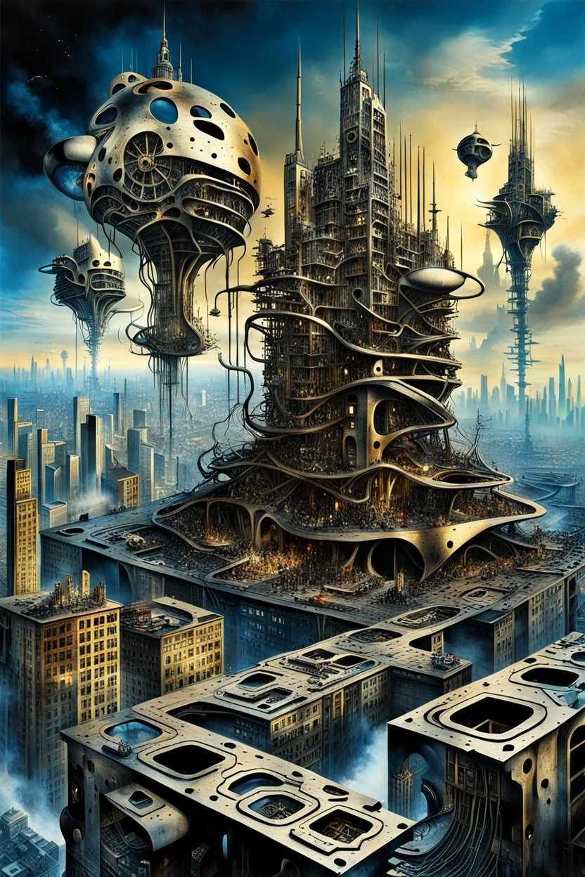 a stunningly weird image of a futuristic metropolis using Salvador Dali's paranoiac-critical method, where buildings and structures appear to melt into the skyline cityscape is filled with floating mad, twisted sharp metal shapes that interact with the buildings and each other, forming a surreal tableau of a dreamlike reality. neu-steampunk vibe, essence of the scene in a cinematic manner, with dramatic shadows that enhance the distorted perspectives and bizarre