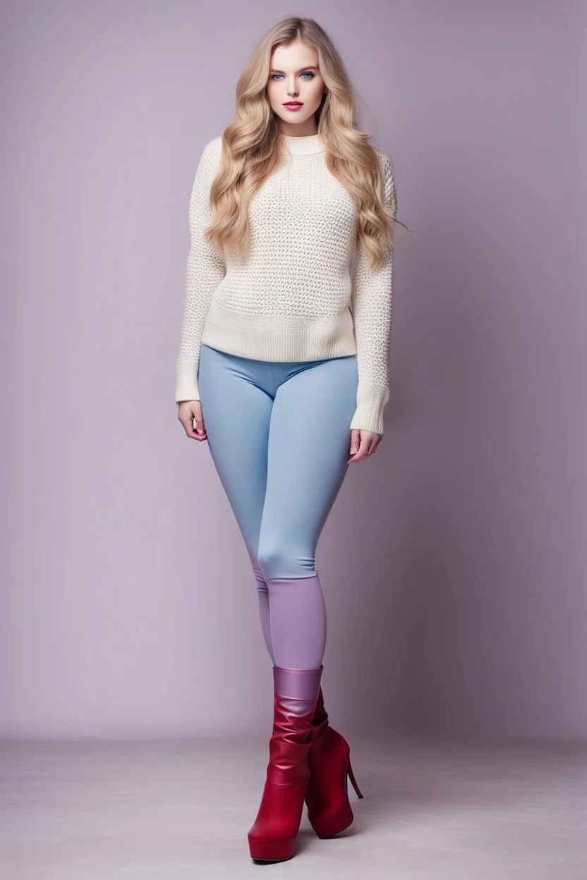 beautiful 18 year old girl with ash blonde hair and blue eyes with her curvy hair down, wearing a long-sleeved woollen top, and lilac long leggings, with long red boots full body shot