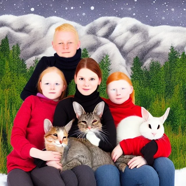 family portrait with 2 girls, 1 boy, 1 blond mother , 1 grey rabbit, 1 black and grey rabbit, one very old red-headed sleepy cat, winter mountain background,