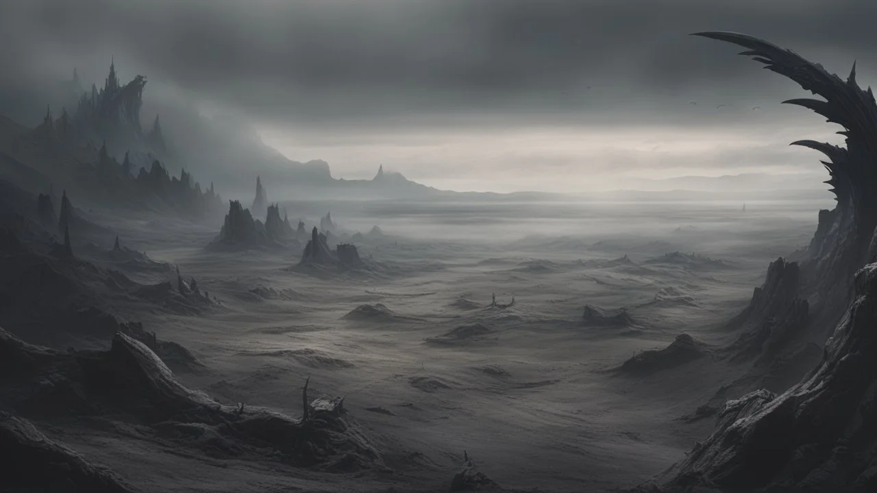 a flat landscape covered in dark gray dust. ancient battle field. dragon bones. dark grey mist. dead ocean in the distance. seen from the ground. fantasy, horror. no trees