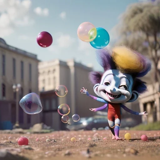 Ultra realistic circus scene. Sweet big hair monster flying. playing with Child’s, smile, happy, color bubbles, smooth color, waist up view, Wes Anderson style, a lot of people background, highly detailed, concept art, unreal engine 5, god rays, ray tracing, RTX, lumen lighting, ultra detail, volumetric lighting, 3d, finely drawn, high definition, high resolution.