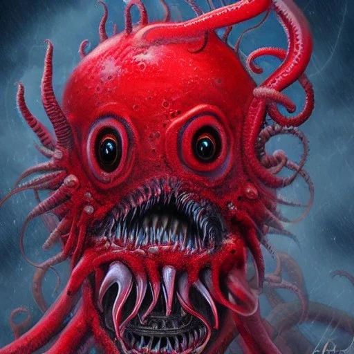 Red Tentacle monster with teeth, horror, detailed, realistic, gore, eyes, 4K, fantasy