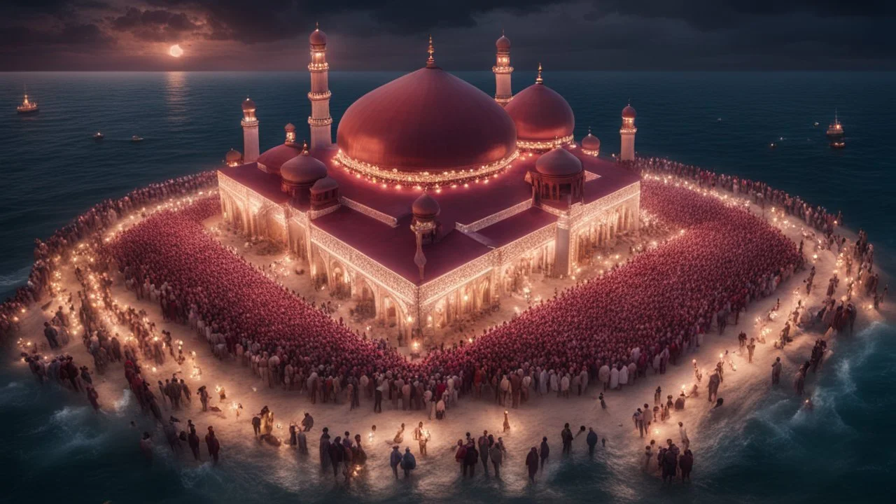 Hyper Realistic Aerial View of Lots of people worshiping outside a Huge-Beautifully-Crafted-Maroon-Mosque decorated with garland-lights & lamps between an island with ocean-water-waves at night with dramatic-&-cinematic-ambiance