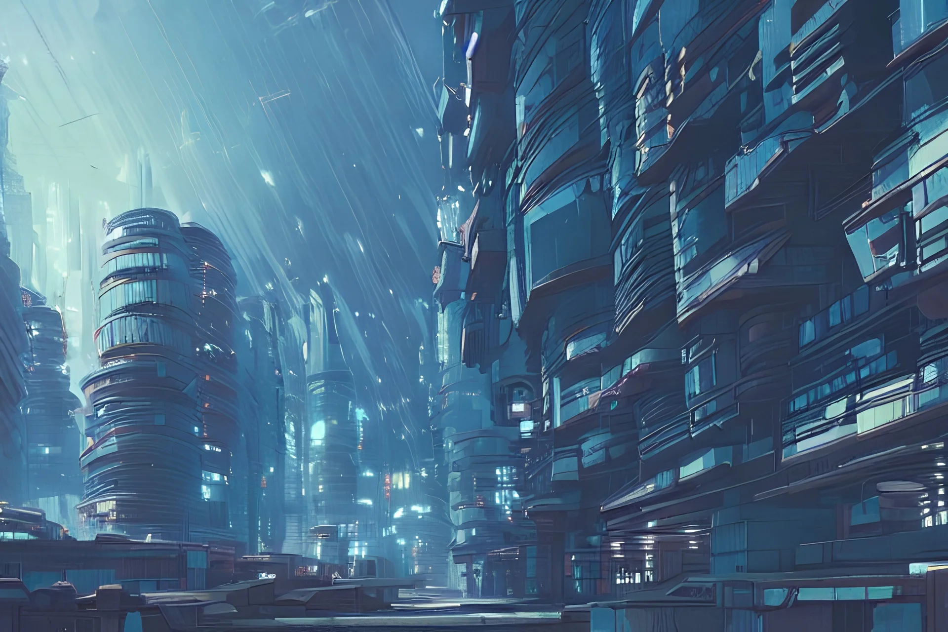 Day, Cyberpunk buildings near the mountains, concept art, sci-fi, tendency to impressionism influence, realistic painting