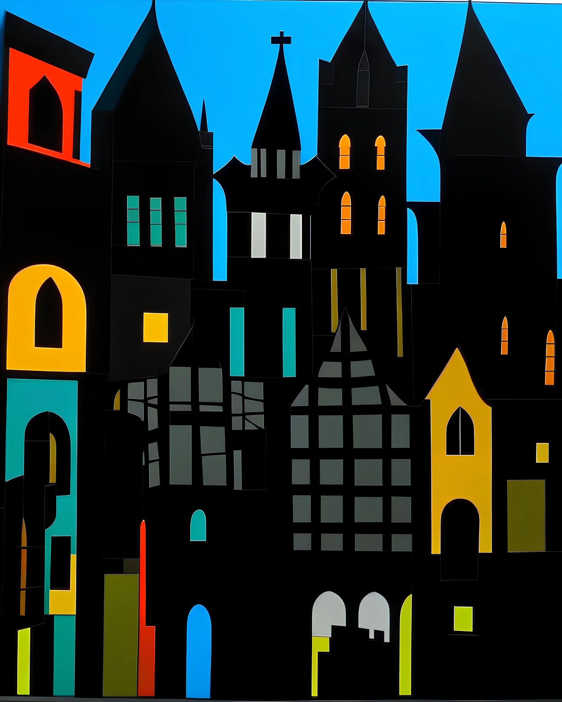 A giant black shadow castle painted by Stuart Davis