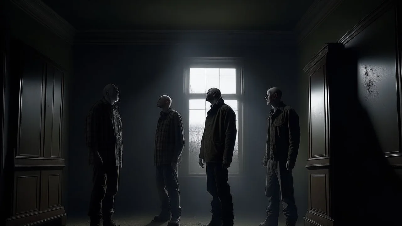 4 men zombies in adark room look at the sky