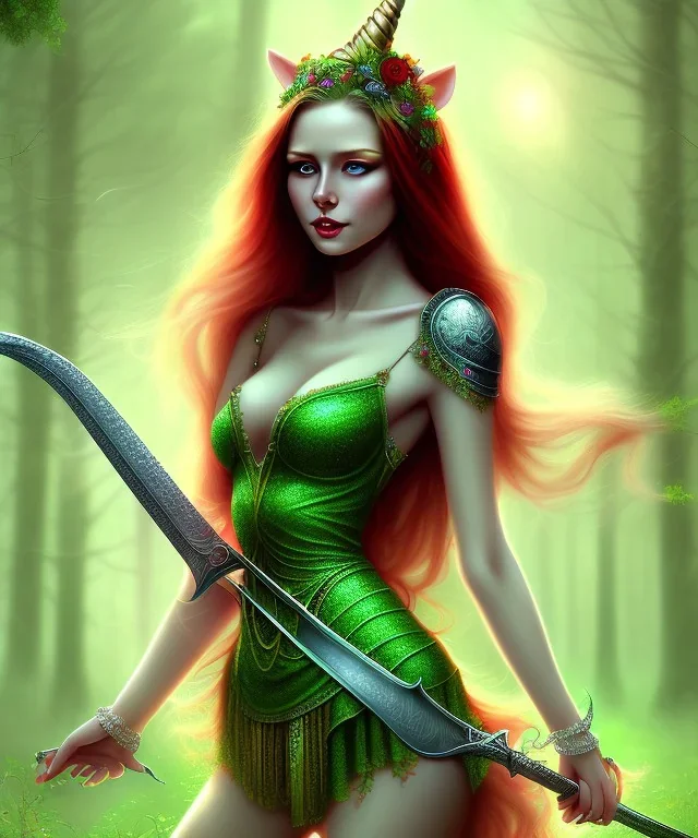 beautiful girl, red long hair, corsage, smile, green eyes, große oberweite, schwert, einhorn at forest fantasy art