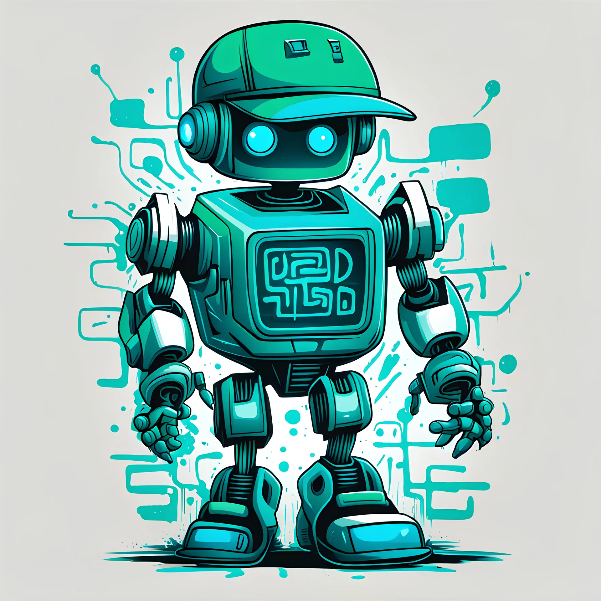 Vector t shirt art ready to print green blue cyan light graffiti illustration of a robot boy and a basecap with text "Digi".On cap, white background.