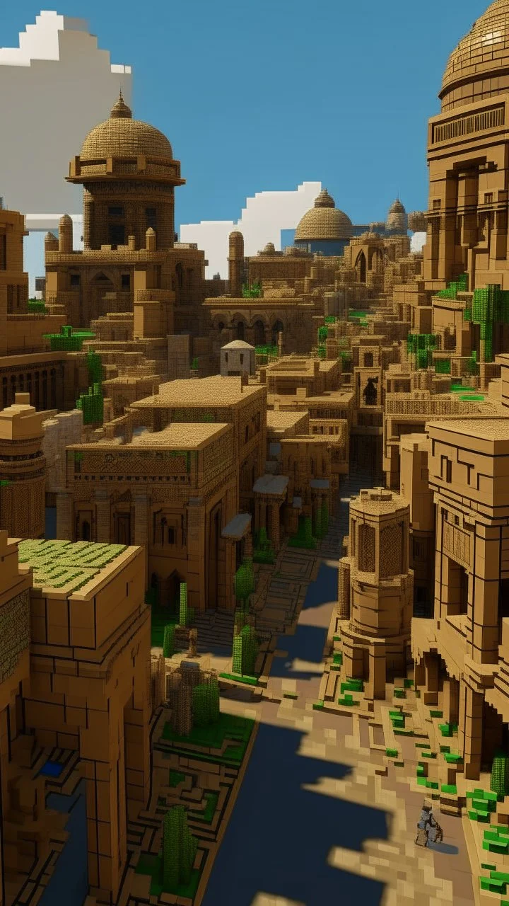 A brown city with blocky buildings designed in ancient Egyptian architectures and sculptures painted by Claude Monet