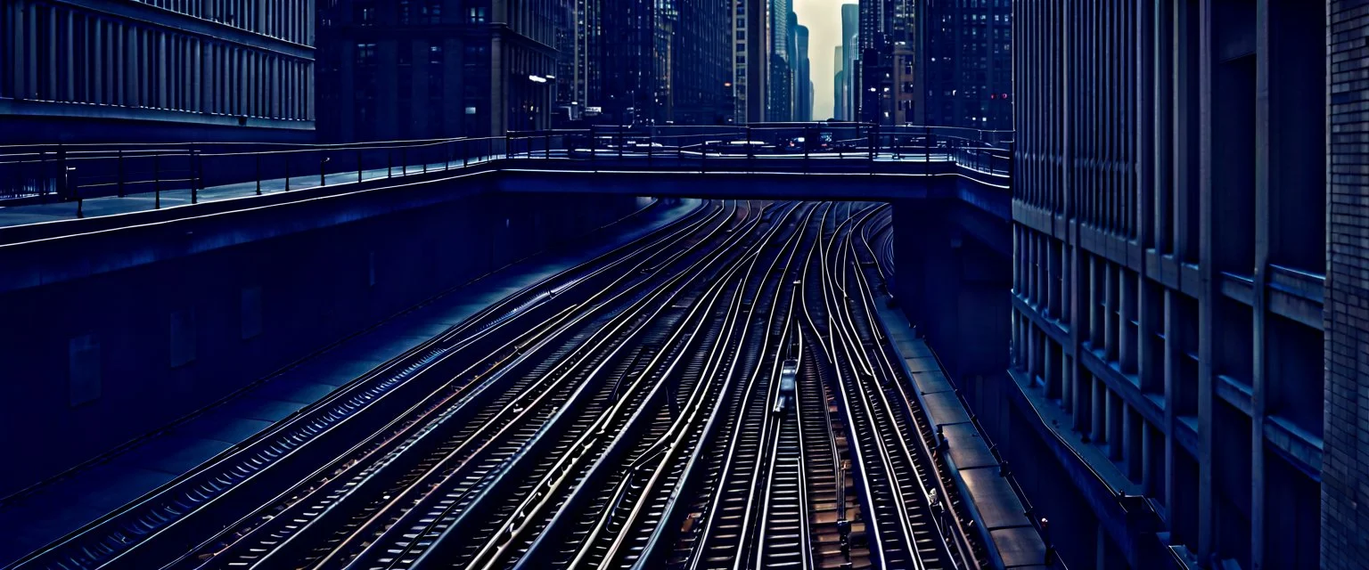 isometric cinematography, highrise subway tracks in downtown chicago, photorealistic satallite photo, muted colors, awardwinning perspective --ar 21:9 --style raw